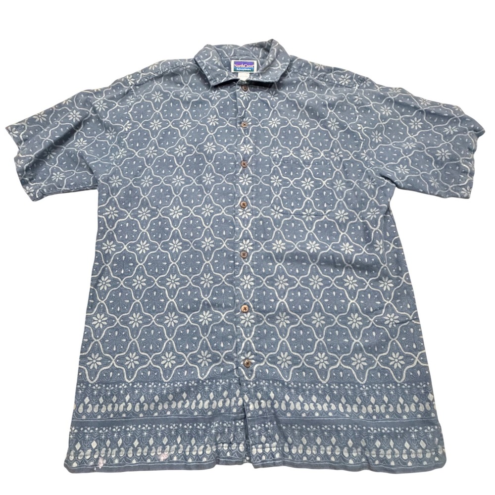 NorthCrest Mens Large Blue Cotton Geometric Floral Print Short Sleeve Button Up